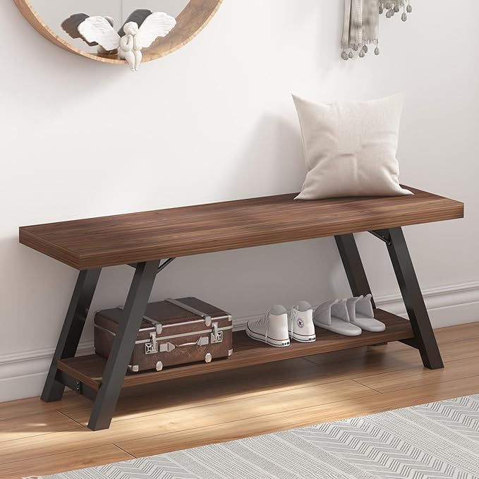 LVB Wood Entryway Bench, Industrial Metal Indoor Shoe Rack, Wooden Storage Bench for Bedroom, Farmhouse Hallway Seating, Walnut, 47 Inch