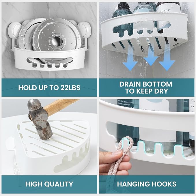 TAILI Suction Corner Shower Caddy, Bathroom Shelf Storage Basket Wall Mounted Organizer for Shampoo, Conditioner, Plastic Rack for Kitchen&Bathroom, Drill-Free Removable (2 Pack)