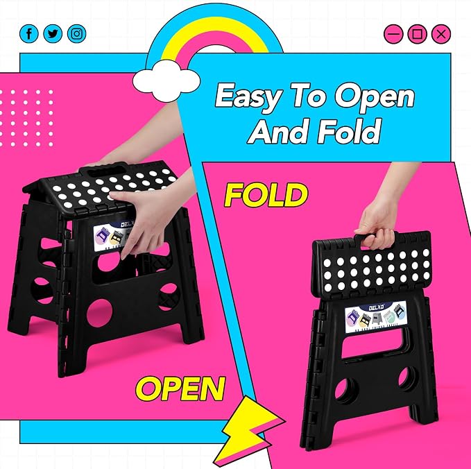 Delxo 13 inch 2 Pack Folding Step Stool, Non-Slip Foldable Stools Up to 300 LBS, Step Stool with Handle, Lightweight Collapsible stools for Kitchen, Bathroom, Bedroom, Garden (Black)