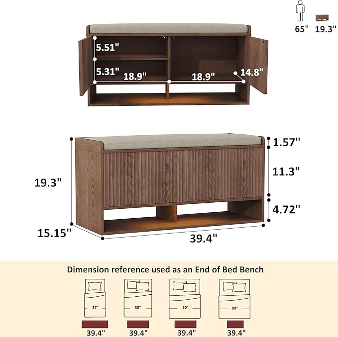 HOMEFORT 39.4" Fluted Shoe Storage Bench, Entryway Bench with Linen Seat Cushion, Shoe Cabinet Bench with Adjustable Shelf and Built-in LED Sensor Light, Bench for Bedroom End of Bed,Walnut
