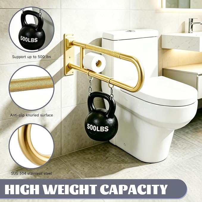 22.5 Inch Toilet Grab Bar, HUAS Gold Anti Slip Bathroom Toilet Safety Rails, U Shaped Flip-Up Handicap Grab Bars w/Paper Holder, Stainless Steel Support Handrail for Elderly Disabled Senior