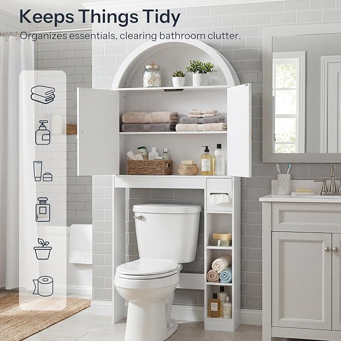HOOBRO Over the Toilet Storage Cabinet, 67.7'' Tall Bathroom Organizer with Wave Doors, Arched Design with Adjustable Shelf, Toilet Paper Holder, Freestanding Cabinet for Narrow Space, White WT26TS01