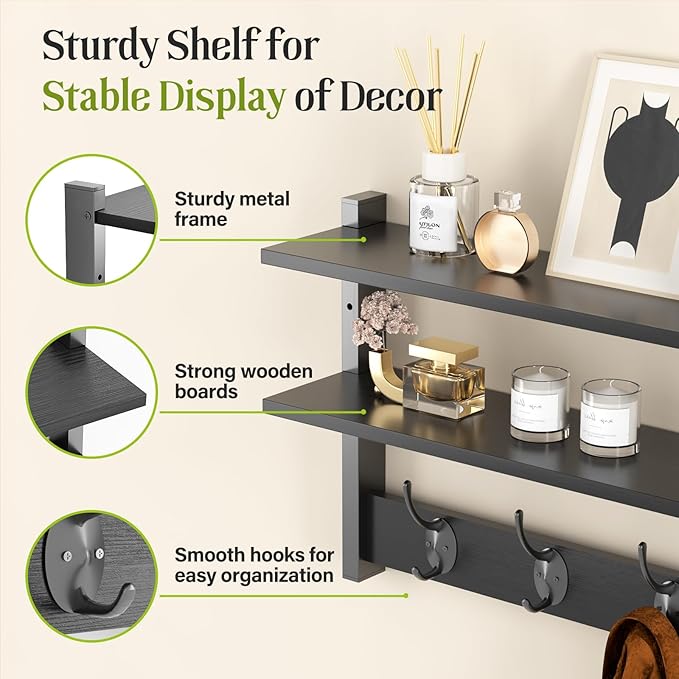 Two-Tier Wall Shelf with Hooks, 17" Coat Rack Wall Mount with Shelf, Entryway Key Hooks for Wall with Heavy Duty Double Hooks, Coat Hook Wall Mounted for Bedroom, Living Room, Black