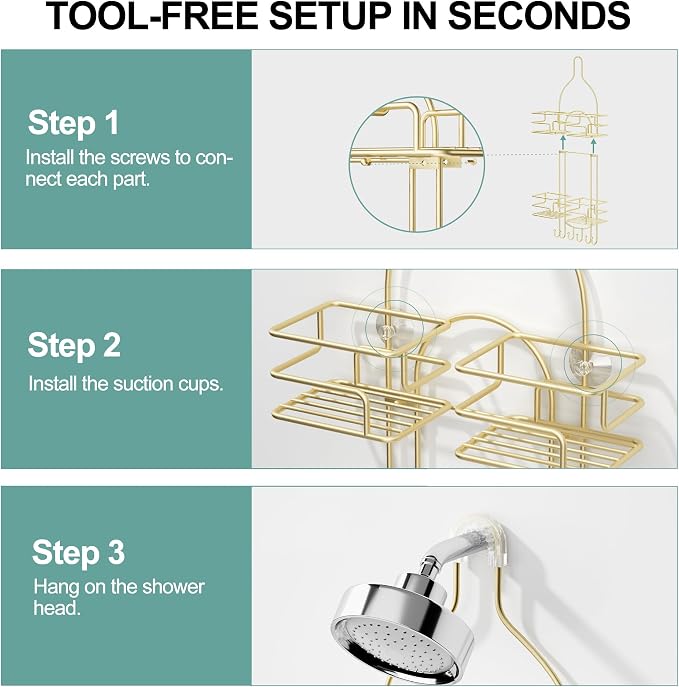 SRIWATANA Shower Caddy Hanging, Bathroom Organizer, No Drilling Shelves Over Shower Head, Bath Rack Holder with Hooks for Razors and Sponge - Gold