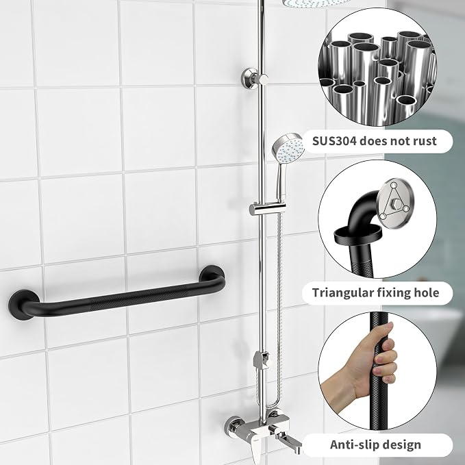 20 Inch Anti Slip Shower Grab Bar, ZUEXT Matte Black Finish Stainless Steel Bathroom Grab Bar, Knurled Bathroom Balance Bar,Safety Hand Rail Support,Handicap Elderly Injury Senior Assist Bath Handle
