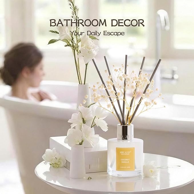 Airkeep Reed Diffuser Set,3.38 fl oz (100 ml) - Coconut Vanilla Oil Diffusers with 8 Reed Sticks, Home Fragrance Reed Diffuser for Bathroom Shelf Decor