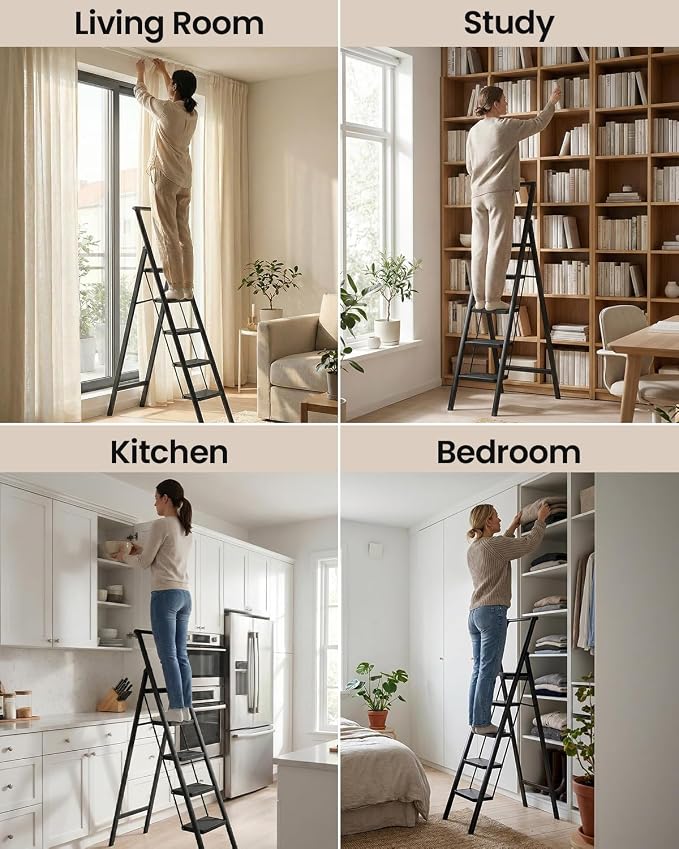 SOLADDER 5 Step Ladder, Folding Step Stool with Handgrip and Anti-Slip Wide Pedal, Portable Iron Stepladder for Kitchen, Home, Library, Office (300 lbs Capacity) - Black
