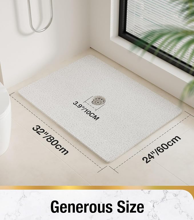 HITSLAM Shower Mat, 32 x 24 Inch Non Slip Bath Mat for Tub, Soft PVC Loofah Bathtub Mats with Drain Holes, Quick Drying Bathroom Stall Floor Mat, Bathroom Accessories Without Suction Cup, White