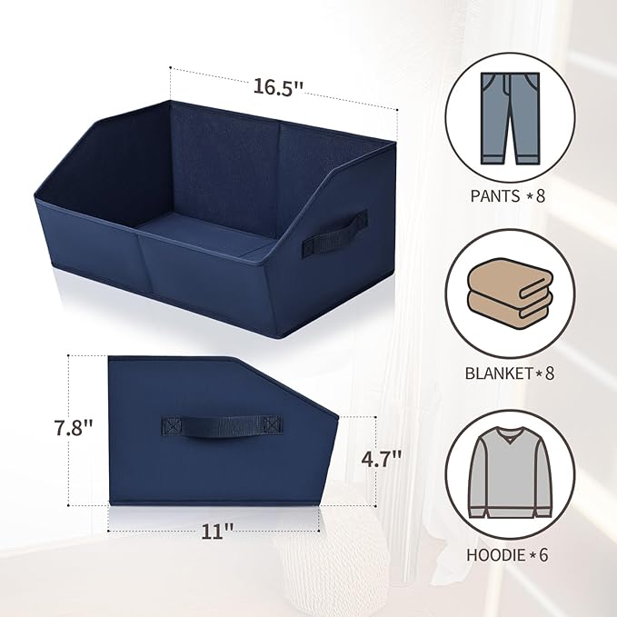 Homsorout Closet Baskets for Shelves Trapezoid - Decorative Storage Baskets with Handle, Closet Bins for Organization, Shelf Storage Bins for Clothes, Books, Home, Office, 3 Pack, Navy Blue