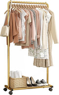 Sakugi Clothes Rack - Clothing Rack with Storage Mesh Shelf & Casters, Heavy-Duty Metal Clothing Rack for Hanging Clothes, Dresses, Coats, Large Load Capacity, Easy Assembly, Gold, 28.0"x16.9"x59.0"