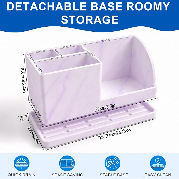 Bathroom Toothbrush Holders, 4 Slots Silicone Counter Organizer Storage with Purple Marble Texture, Detachable Anti-Slip Vanity Organizer for Electric Toothbrush, Toothpaste & Phone
