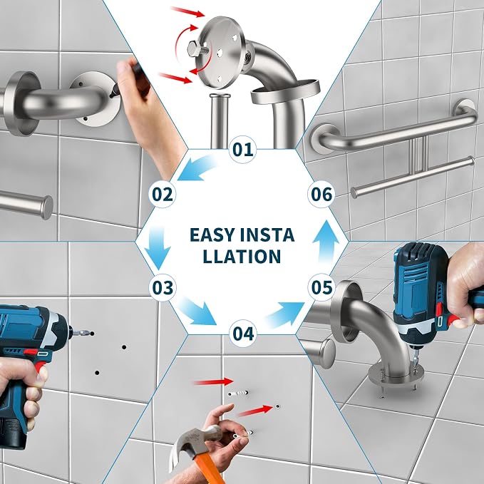 Grab Bar w/Double Toilet Paper Roll Holder Brushed Nickel, iHansee Stainless Steel Shower Support Balanced Support Handle, Wall Mounted Safety Handrail Grab Rail for Elderly Senior Handicap Disabled