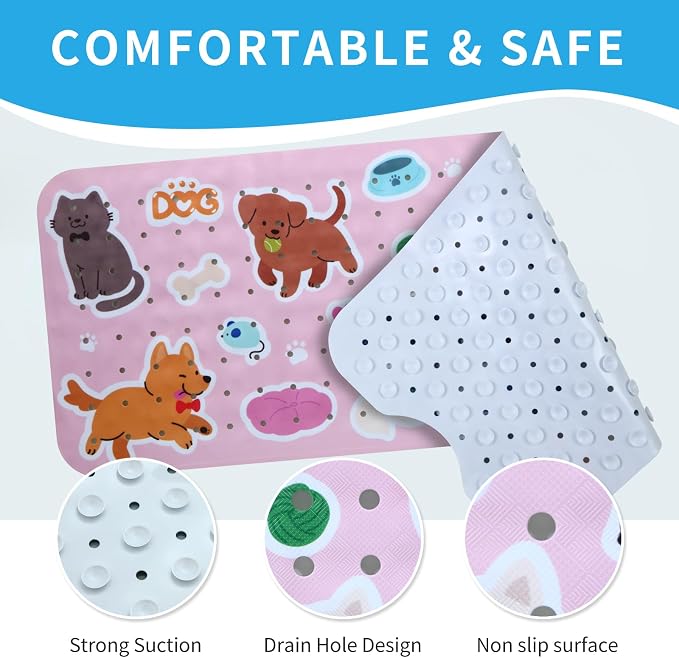 Baby Bath Mat for Tub Non Slip Kids Bathtub Mat Extra Long 40X16 Inch Toddler Bath Tub Shower Mat Anti Slip with Suction Cups & Drain Holes, Machine Washable (Cat Dog)