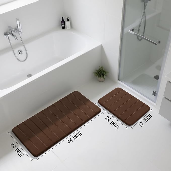 Yimobra Large Bath Mat Set 2 Piece- Super Soft Absorbent Quick Dry Memory Foam Bathroom Rugs, Machine Washable Non Slip Floor Carpet for Tub Shower & Double Vanity (17x24 & 44x24, Brown)