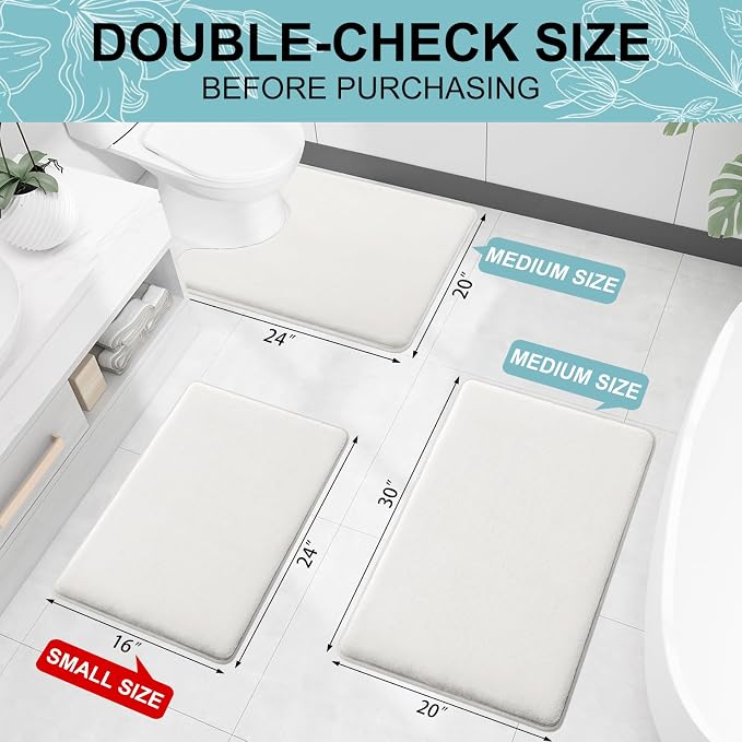 Smiry Memory Foam Bath Mat 30x20, Extra Soft and Absorbent Bathroom Mats, Non Slip Washable Carpet for Floor, Shower and Tub, Ivory White