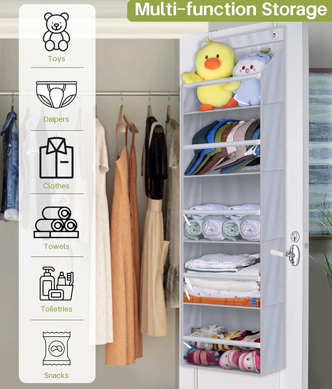 AOODA Over the Door Organizer, Large Capacity Closet Door Hanging Organizer, Clear Deep Pockets Baby Storage for Nursery, Bathroom, Bedroom, Pantry, Diapers (Grey)
