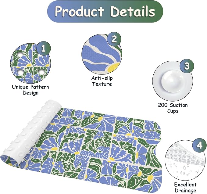 Bathtub Mat Non Slip, Bohemia Extra Long Bath tub Mat Shower Floor Mat with Suction Cups and Drain Holes for Adults Kids Elderly 40 X 16 Inch