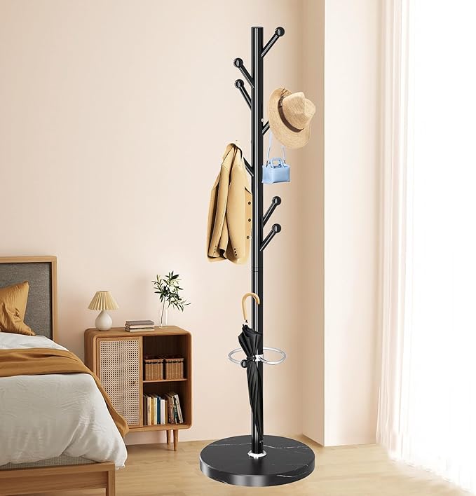 OIRUMIE Coat Rack with Natural Marble Base, Metal Coat Racks Freestanding, Modern Coat Rack Stand with 8 Hooks& Umbrella Holder, Black Coat Clothes Tree Hats Hanger Stand for Entryway, Hallway