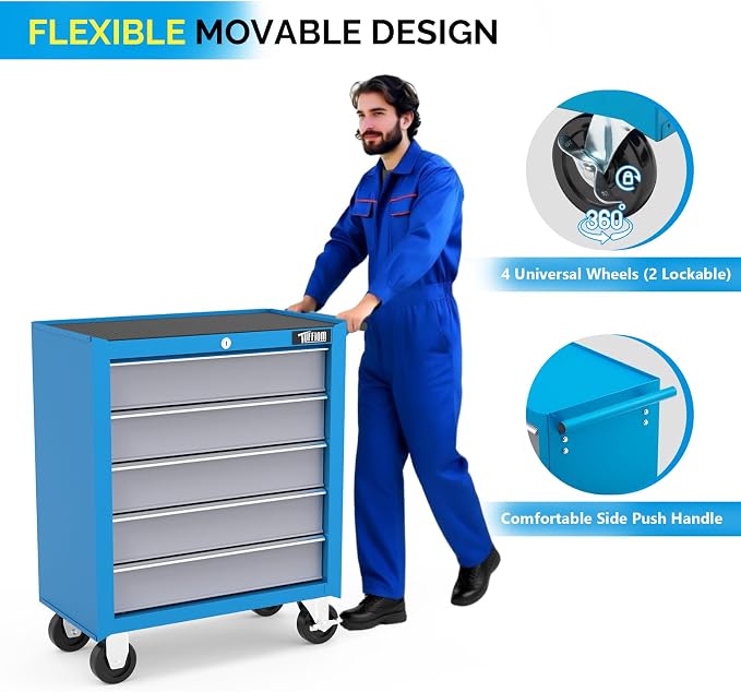 TUFFIOM 5-Drawer Rolling Tool Chest w/Drawers & Lock, Tool Storage Cabinet with Lockable Wheels, Top Cushion & Drawer Liners, Tool Organizer Box for Garage, Warehouse & Repair Shop