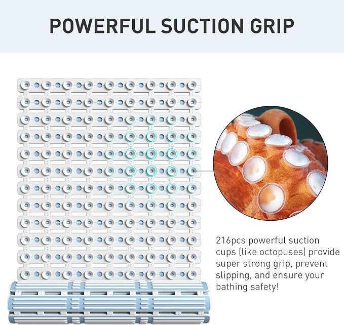XIYUNTE Shower Mat Non Slip Bath Mat for Tub - 36 x 16 Inch Bathtub Mat Non Slip Shower Mats for Inside Shower, TPE Bath Mat with Suction Cups and Drain Holes, Easy to Cut, Blue