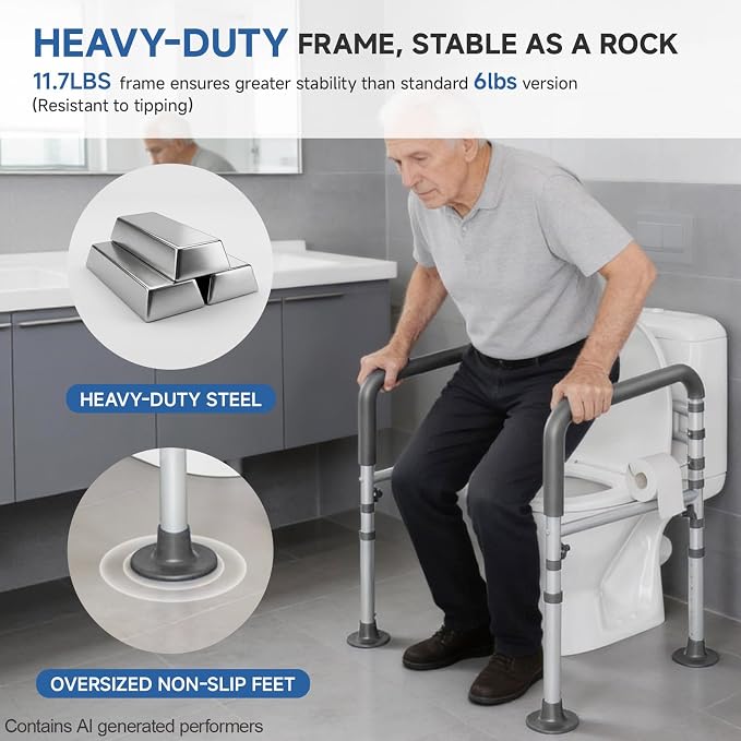 Loyoda Toilet Safety Rail for Seniors, 11.7lbs Steel, Rock-Solid Stability | Height & Width Adjustable,Foldable,Padded Armrests,Wide Non-slip Foot Pads,350 lb Capacity for Pregnant Women & Disabled,Gray