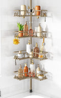 HAMITOR No Drilling Shower Rack: Tension Pole Corner Bathroom Accessories with Hooks - 4-Tier Adjustable Rustproof Shelves - Renter-Friendly Space-Saving Caddy for Family & Apartment 47-123 Inch Khaki