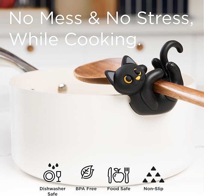 Black Cat Spoon Rest for Stove Top – Silicone Pot Clip Utensil Holder & Lid Lifter – Funny Kitchen Gadget, Unique Witchy Cat Gifts for Women & Halloween – 3" x 2.5"