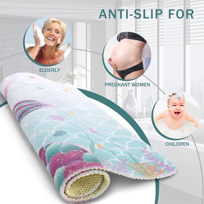 Square Shower Mats for Inside Shower, Mermaid Non Slip Bath Mat Quick Drying Bathmat Easy Cleaning Cute Shower Matt for Kids Bathroom Floor, Textured Surface Shower Foot Scrubber Mat, 24″X24″