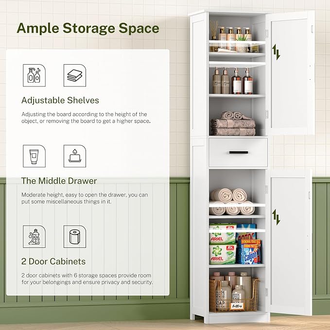 WEENFON Tall Bathroom Cabinet, Storage Cabinet with 6 Shelves & Drawer, Bathroom Storage Cabinet with Adjustable Shelves, Tall Cabinet for Living Room, Home Office, White