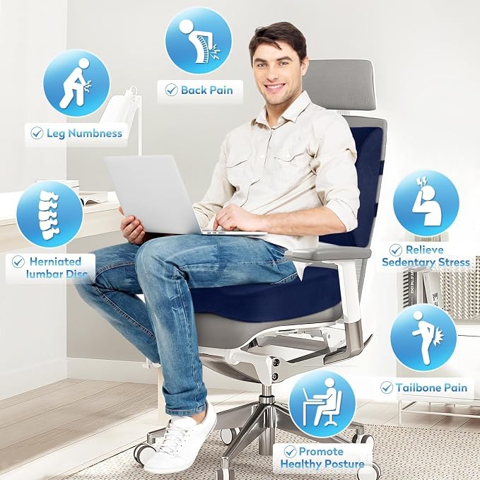 CloudBliss Lumbar Support Pillow & Seat Cushion Set for Office Chair, Desk Chair, Wheelchair & Car–Memory Foam Back Support,Ergonomic Chair Cushions, Sciatica Pain Relief,Home Essentials(Blue,XL)
