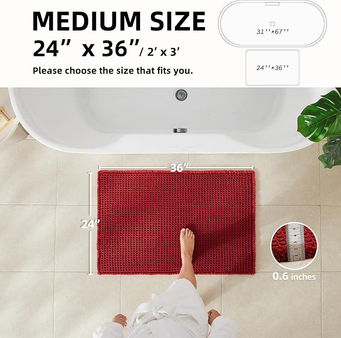 TYUU Waffle Bath Mat, Boho Bathroom Rugs Non Slip Washable Super Absorbent Quick Dry Bath Mat Farmhouse Bathroom Decor, 36"x24" Burgundy