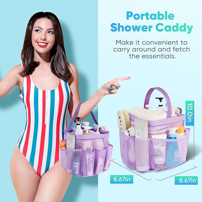 EUDELE Mesh Shower Caddy Portable for College Dorm Room Essentials,Portable Shower Caddy Dorm with 8-Pocket Large Capacity, Shower Bag for Beach, Swimming, Gym, Travel essentials, Purple