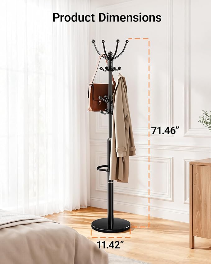 Pipishell Metal Heavy Duty Coat Rack with Sturdy Marble Base, Coat Tree with 16 Hooks & Detachable Umbrella Holder,Coat Rack Freestanding for Entryway, Corner, Bedroom and Home Office, Black