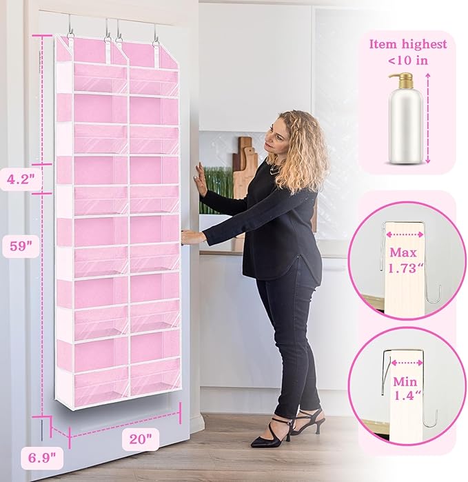 Over The Door Organizer 6 Tiers, Extra Large Behind Door Storage of 12 Compartments, 80 lbs Weight Capacity Hanging Storage Organizer with Clear Window Kids Toys,Shoes,Diapers,Room Storage,Pink