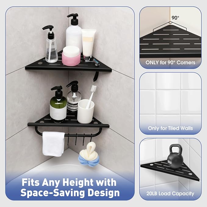 Corner Shower Shelf, 10'' Shower Corner Shelf with Towel Bar & Hooks, 304 Stainless Steel Recessed Bathroom Shelves, No Drilling for Tiled Wall, 2-Pack (Matte Black)