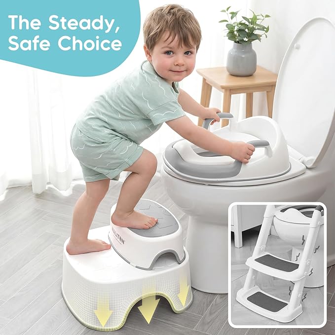 Maliton Baby Potty Training Seat with Step Stool, Potty Training Toilet for Boys Girls, Anti-Slip Toddler Stool for Bathroom, Kitchen, Toddler Toilet Seat Set(One Potty Seat+Two Step Stool for Kids)