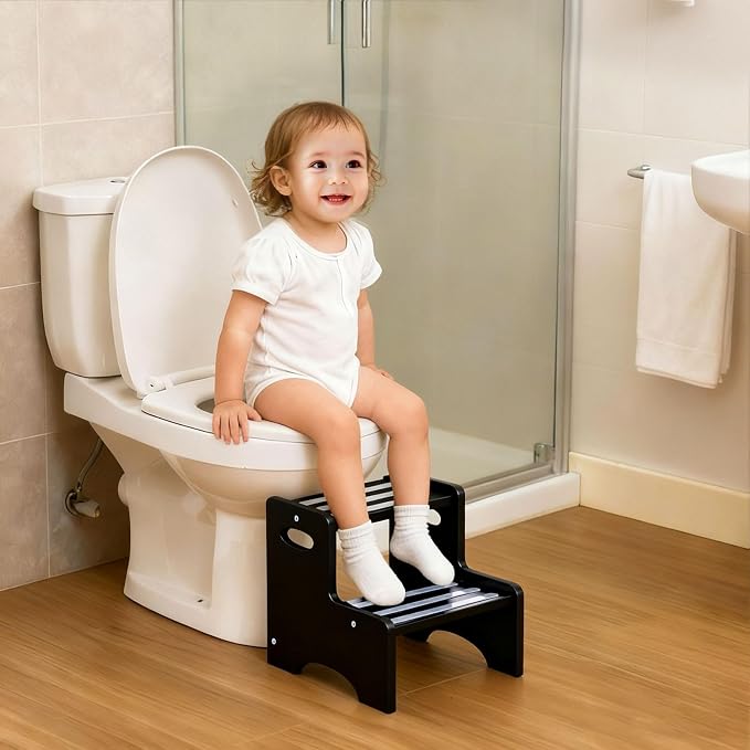 Wooden Toddler Step Stool for Kids, Two Step Stool with Non-Slip Pads & Handles, Potty Training Stool for Bathroom Sink, Toilet, Kitchen, Bedroom (Black)