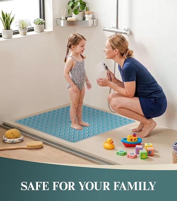 HITSLAM 21x21 Inch Square Shower Mat Non Slip, Anti Slip Bathtub Mat with Strong Suction Cups & Drainage Holes, Machine Washable Bathroom Floor Mat for Inside Shower Stall and Tub, Blue