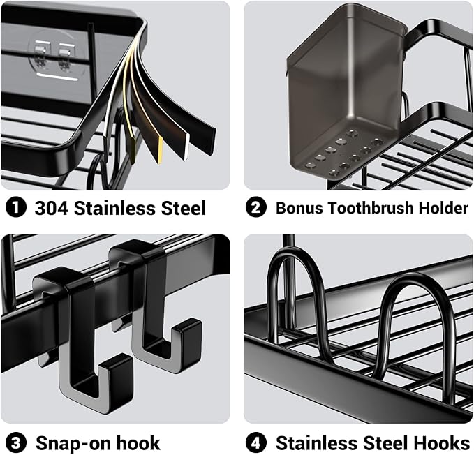 AKTECKE Corner Shower Caddy, 2 Pack Adhesive Shower Corner Organizer Shelves, No Drilling Stainless Steel Shower Storage Rack with Hooks&Toothpaste Holder for Bathroom Kitchen （for 90° Corners Only）