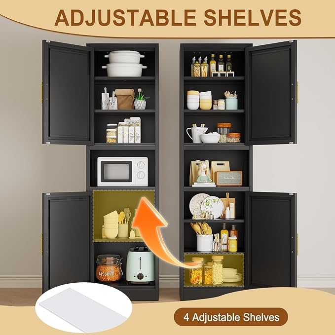 Tall Metal Narrow Bathroom Storage Cabinet 67" H, Tall Black Pantry Cabinets with 4 Adjustable Shelves and 2 Doors for Kitchen, Home Office, Living Room, Dining Room(16 inches Wide)