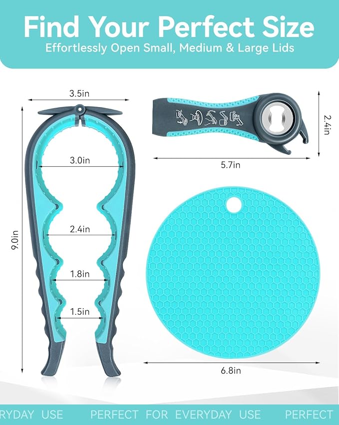 Jar Opener 3-Piece Set for Seniors with Arthritis, Multi-Function Can and Bottle Opener for Weak Hands, Ergonomic Non-Slip Kitchen Tool Set, Easy-to-Use, Thoughtful Gift for Elderly
