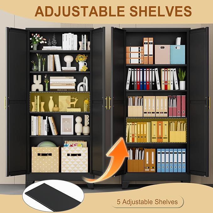 75" Black Metal Garage Storage Cabinet with 2 Doors and 5 Adjustable Shelves,Kitchen Pantry Cabinet,File Cabinet,Steel Tool Cabinet for Home,Office,Garage,School,Warehouse