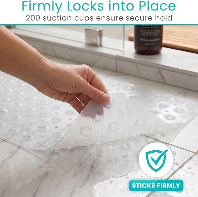 Vive Bathtub Mat for Bath & Shower Floors - Anti Non Slip Suction Rubber Skid Pad for Tub, Bathroom, Elderly, Kids - Eco-Friendly, Resistant Strong, Textured Rectangle Grip - Machine Washable (Clear)