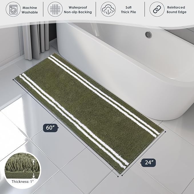 PURRUGS Bathroom Rug Non-Slip Machine Washable 24" x 60", Super Absorbent and Quick Dry Shaggy Microfiber Bath Mat, Extra Soft and Plush Bath Rug for Bathtub, Shower, and Sink, Olive Green