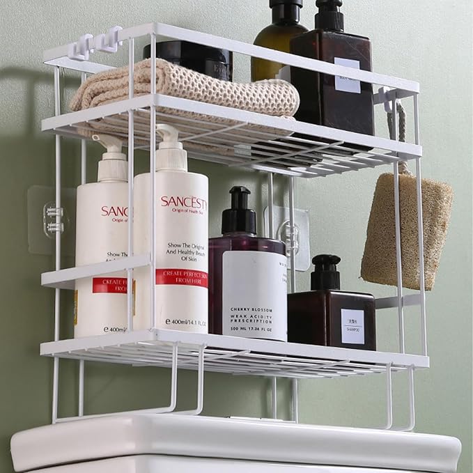 PowerKing Over The Toilet Storage Shelf, 2-Tier Bathroom Organizer Rack with 2 Hooks, No-Drill, Rust-Resistant Steel, Toilet Paper Holder for Restroom Bathroom, White