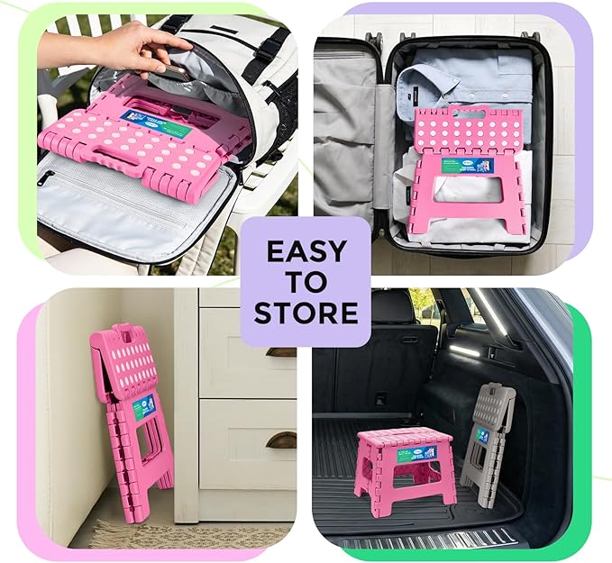 Dyforce Folding Step Stool 9 Inch, Kids Step Stool, Heavy Duty Step Stools for Adults, Compact Foot Stools, Light-Weight Toddler Step Stools for Kitchen, Bathroom, Holds Up to 300 lbs (Pink)