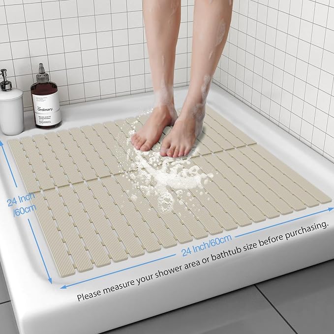Shower Mat Non-Slip Bath Mat for Tub and Shower Stall,236 Suction Cups with Drain Holes, Quick Dry Machine Washable, Extra Grip for Stand Up Showers, Bathroom Essentials 24x24 Inch (Light Brown)