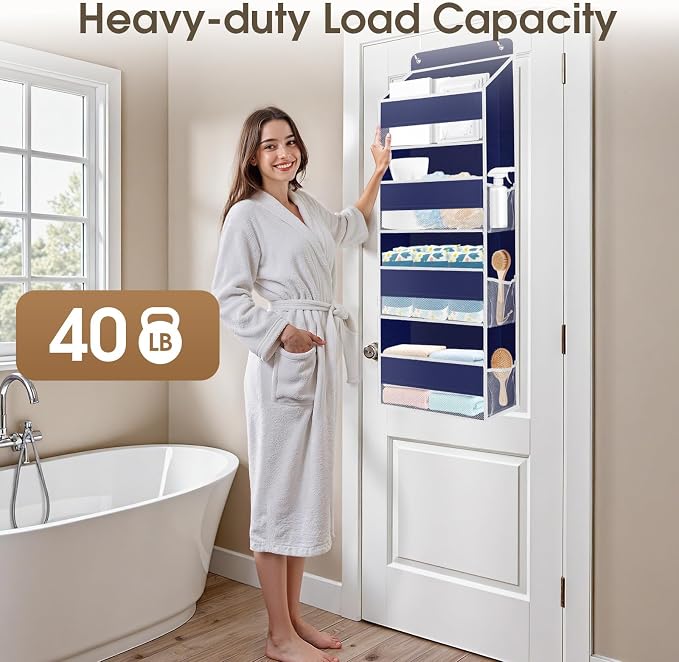 SpaceHacks 2 Pack Over The Door Organizer, Hanging Storage Organizer with Clear Window, 40lb Ultra Sturdy Large Capacity Room Organizer for Pantry Laundry Bathroom Nursery Closet (Blue)