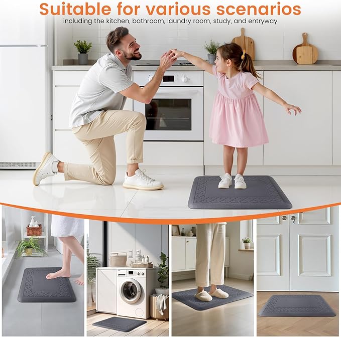 4/5 Inch Thicker Kitchen Mats for Floor Non-Slip Anti Fatigue Comfort Mat Waterproof Kitchen Rug for Sink, Office,Home Stain Resistant Standing Desk Rugs-17.3"x 24", Grey