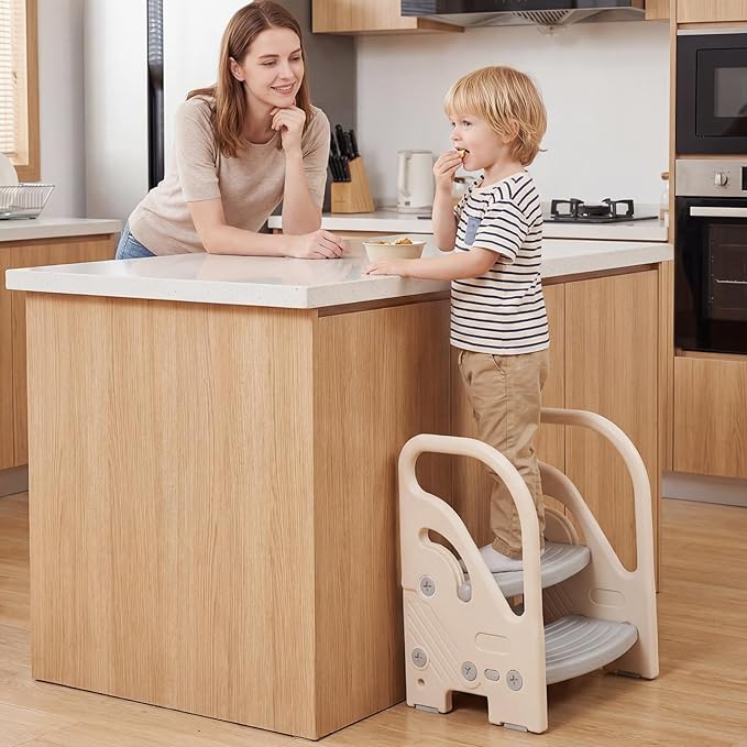 Costzon Toddler Step Stool for Bathroom Sink, Adjustable 2-Step Kids Helper Stool with Safety Handles & Non-Slip Pads, Convertible Plastic Ladder for Bedroom Kitchen Counter Potty Training, Grey